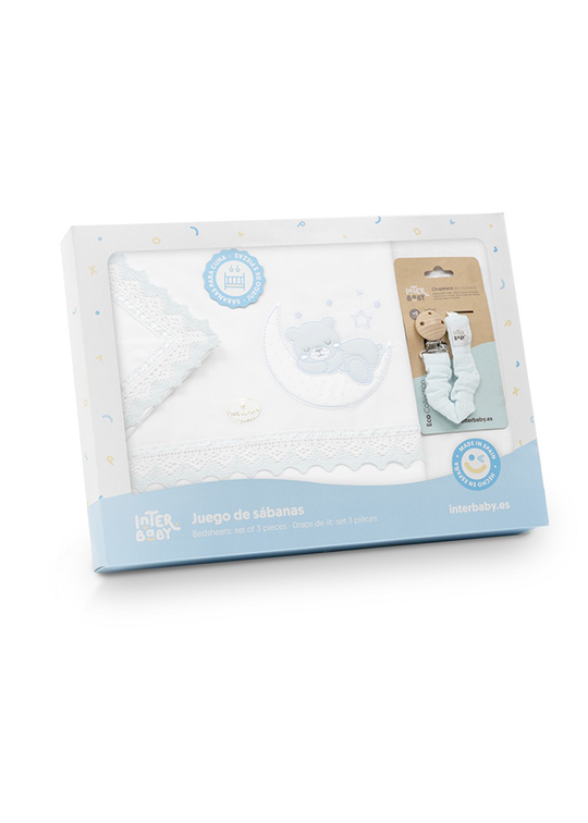 Set Lenjerie Patut 120x60cm 3 Piese Alb-Bleu Cu Ursulet Pe Semiluna 03317-11 Interbaby
