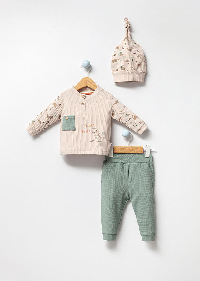 Set 3 Piese Baieti Casual Din Bumbac Hanorac Crem Cu Dinozauri Body Si Pantaloni Lungi Verzi 3006 Bubbles