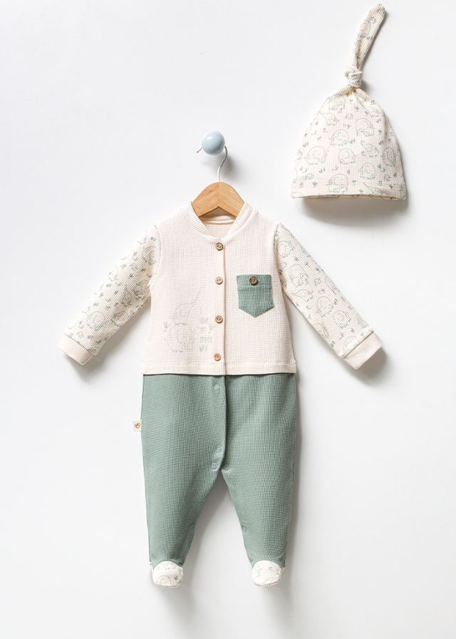 Set 3 Piese Casual Baieti Din Bumbac Crem Cu Verde Cu Elefanti 3038 Bubbles