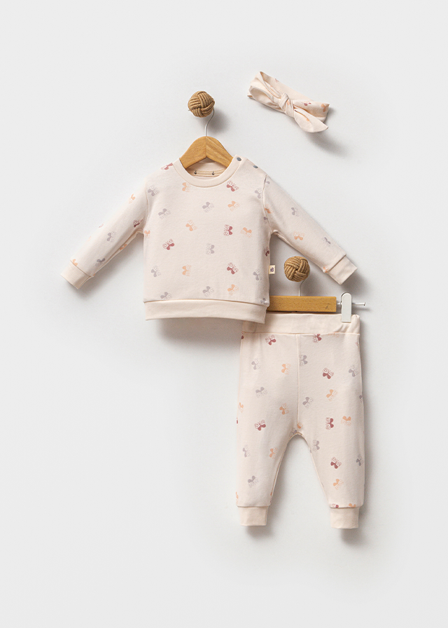 Set 3 Piese Casual Fete Din Bumbac Bluza Si Pantaloni Crem Cu Fluturi Colorati Si Bentita 7031 Bubbles