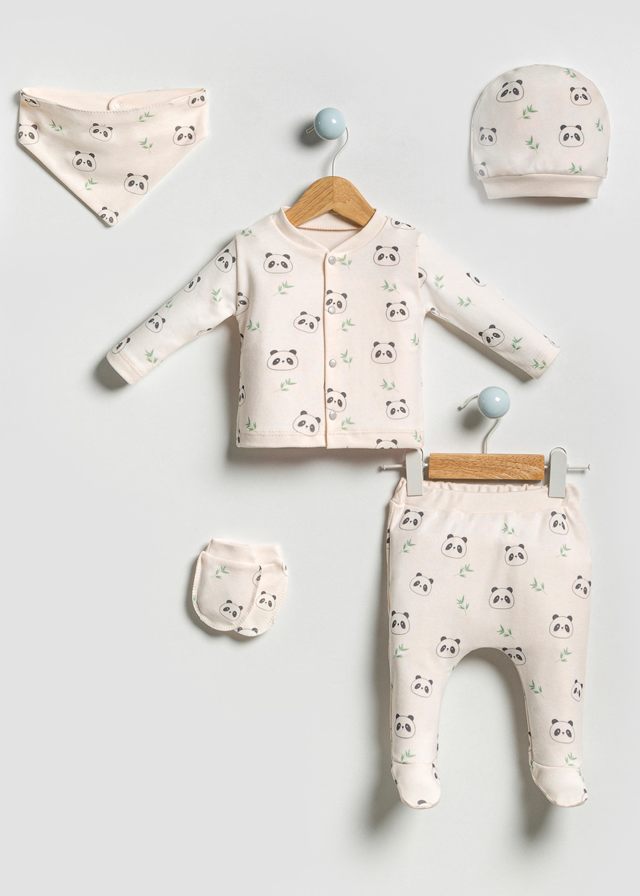 Set 5 Piese Casual Baieti Din Bumbac Crem Cu Panda 5024 Bubbles