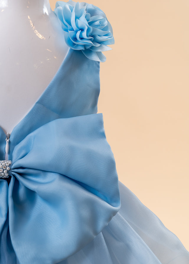 Rochie Ceremonie Bleu Bust Tafta cu Flori pe Umeri si In Talie si Fusta Organza 6022 Lugu