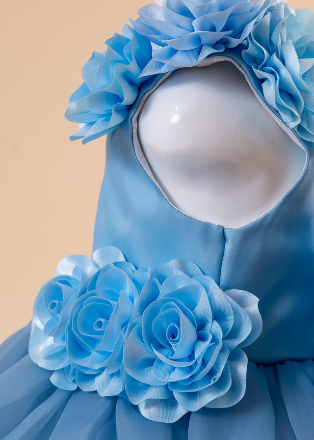 Rochie Ceremonie Bleu Bust Tafta cu Flori pe Umeri si In Talie si Fusta Organza 6022 Lugu