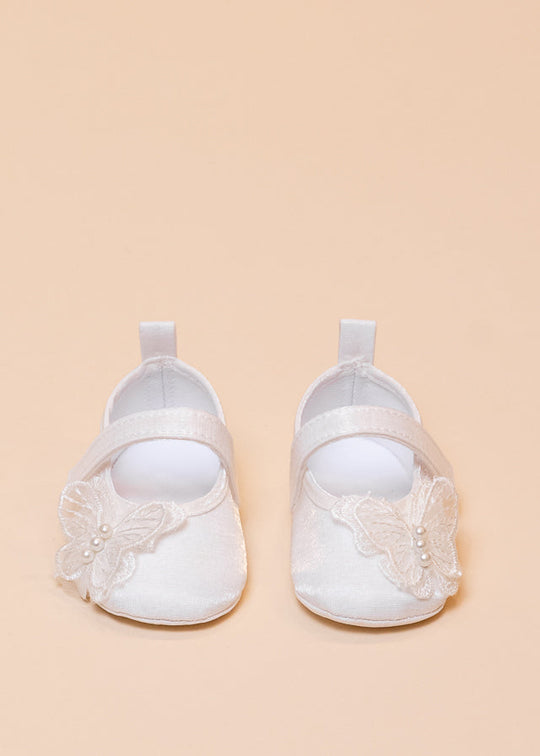 Balerini Saten Crem cu Fluture si Perle 231214 Sinderella