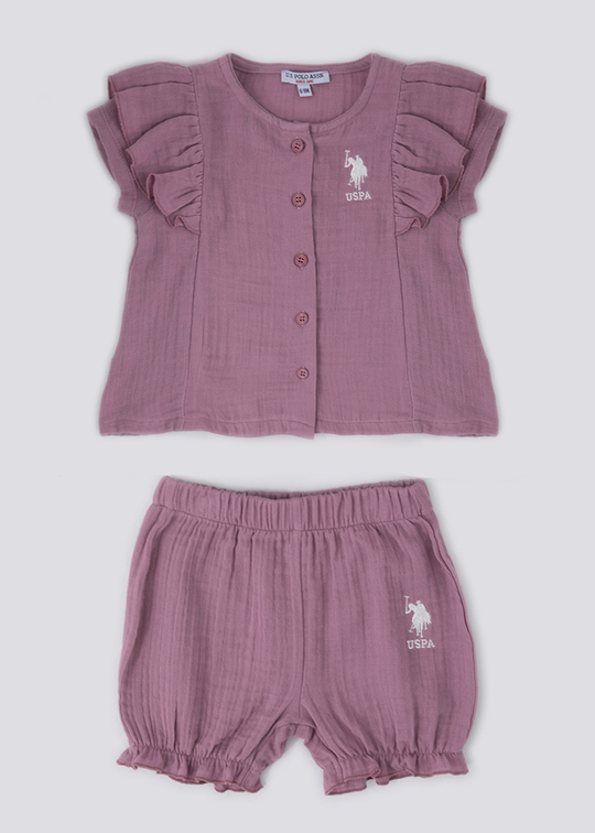 Set 2 Piese Din Muselina Mov Bluza & Pantaloni Scurti Fetite USB1283 Us Polo Assn