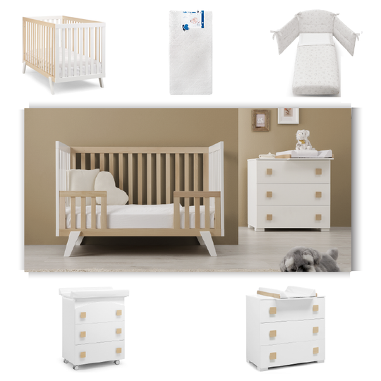 Baby Room 5 pieces America White &amp; Natural Cot + Mattress + Protective Textile Set + Dresser + Cabinet 