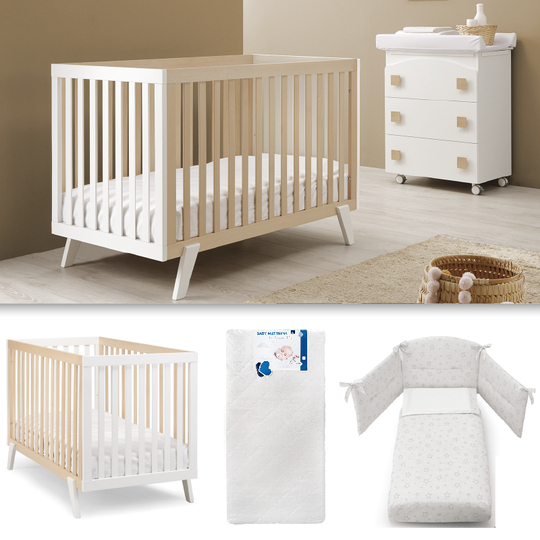 Baby Room 3 pieces America White &amp; Natural Cot + Mattress + Textile Protection Set 