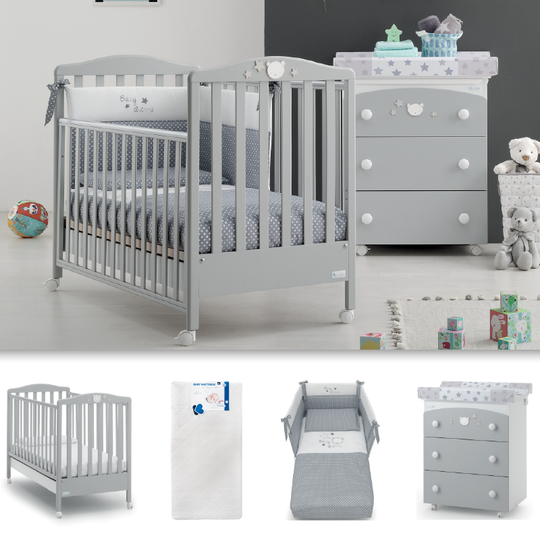 Набір меблів 4 шт. Ліжечко Baby Dream Grey + Матрац + Комплект захисного текстилю + Комод 