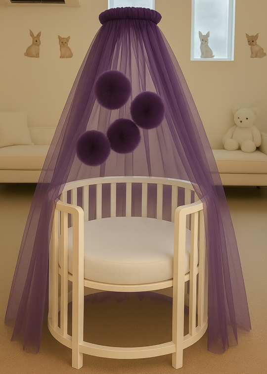 Baldachin Patut Bebe Tull Mov Inchis Cu Pompoane cu Suport Inclus AnneBebe