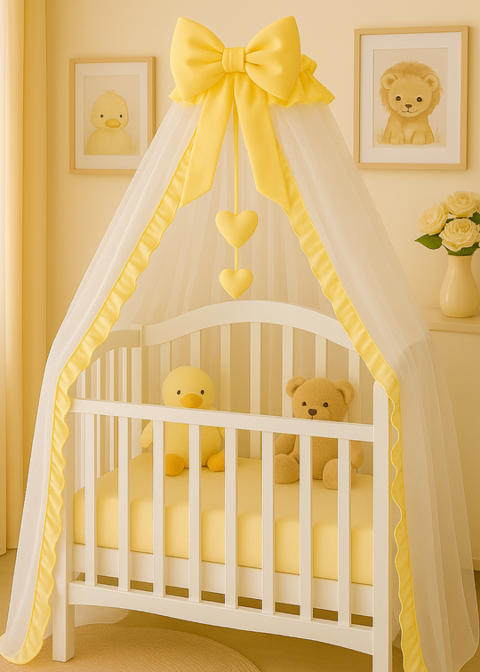 Baldachin Tull Galben Funda & Volanas & Inimioare cu Suport Inclus AnneBebe