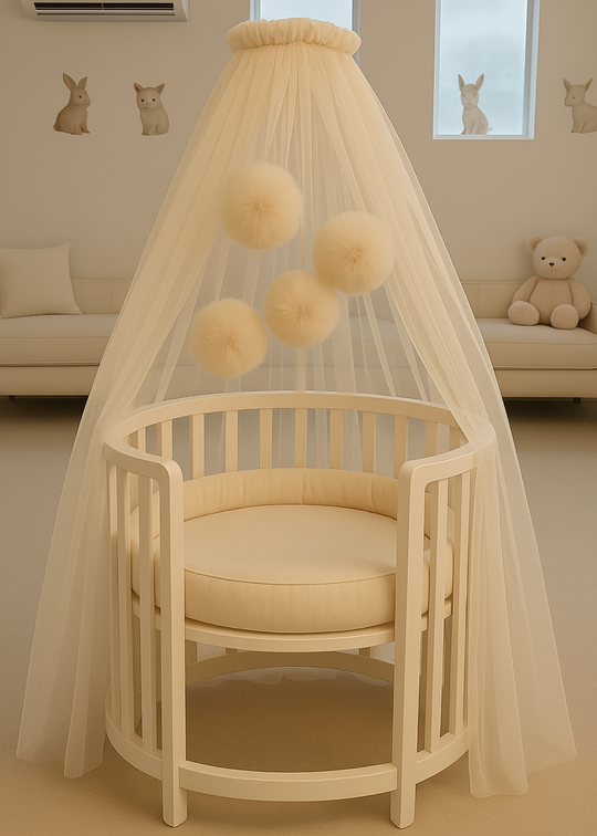 Baldachin Patut Bebe Tull Crem Deschis Cu Pompoane cu Suport Inclus AnneBebe