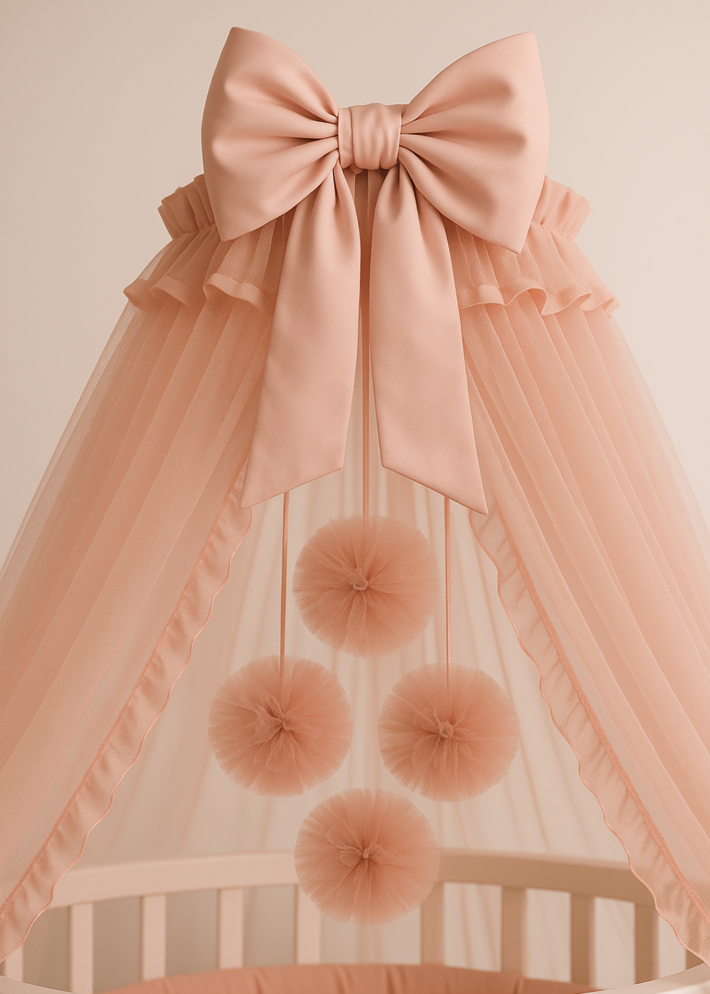Baldachin Patut Fetite Tull Roz Pudra Cu Pompoane si Funda cu Suport Inclus AnneBebe