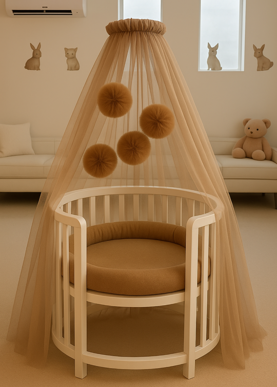 Baldachin Patut Bebe Tull Bej Inchis Cu Pompoane cu Suport Inclus AnneBebe