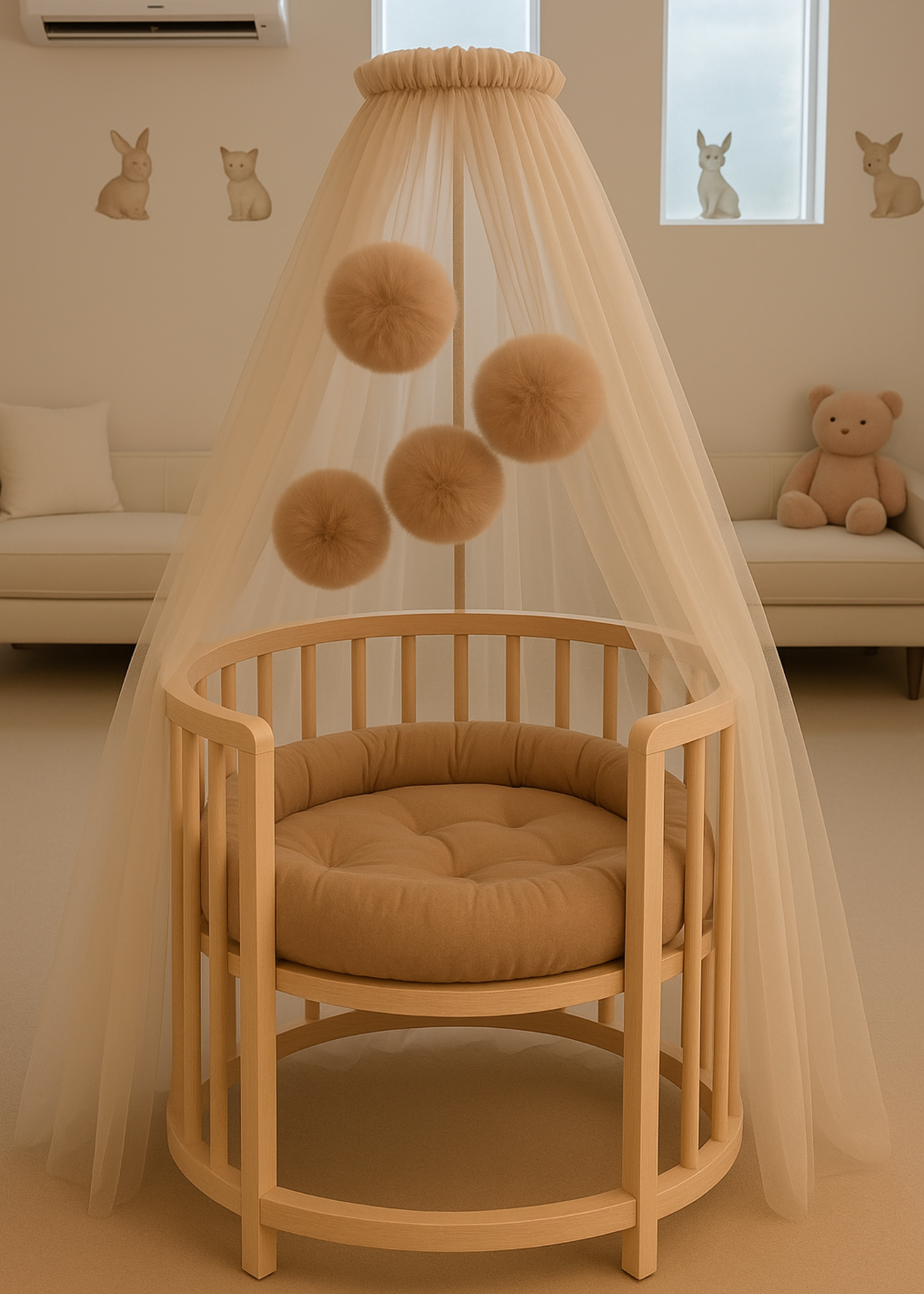 Baldachin Patut Bebe Tull Cappuccino Cu Pompoane cu Suport Inclus AnneBebe