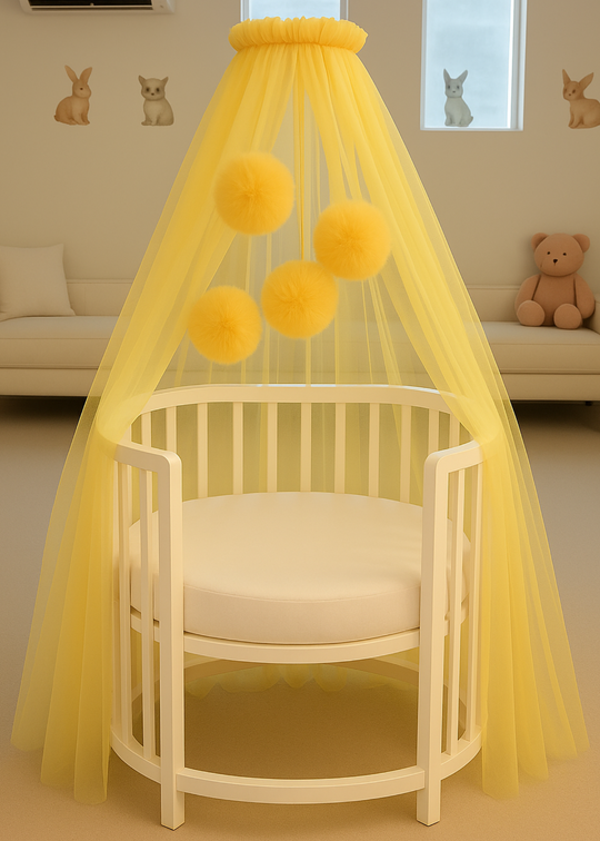 Baldachin Patut Bebe Tull Galben Cu Pompoane cu Suport Inclus AnneBebe