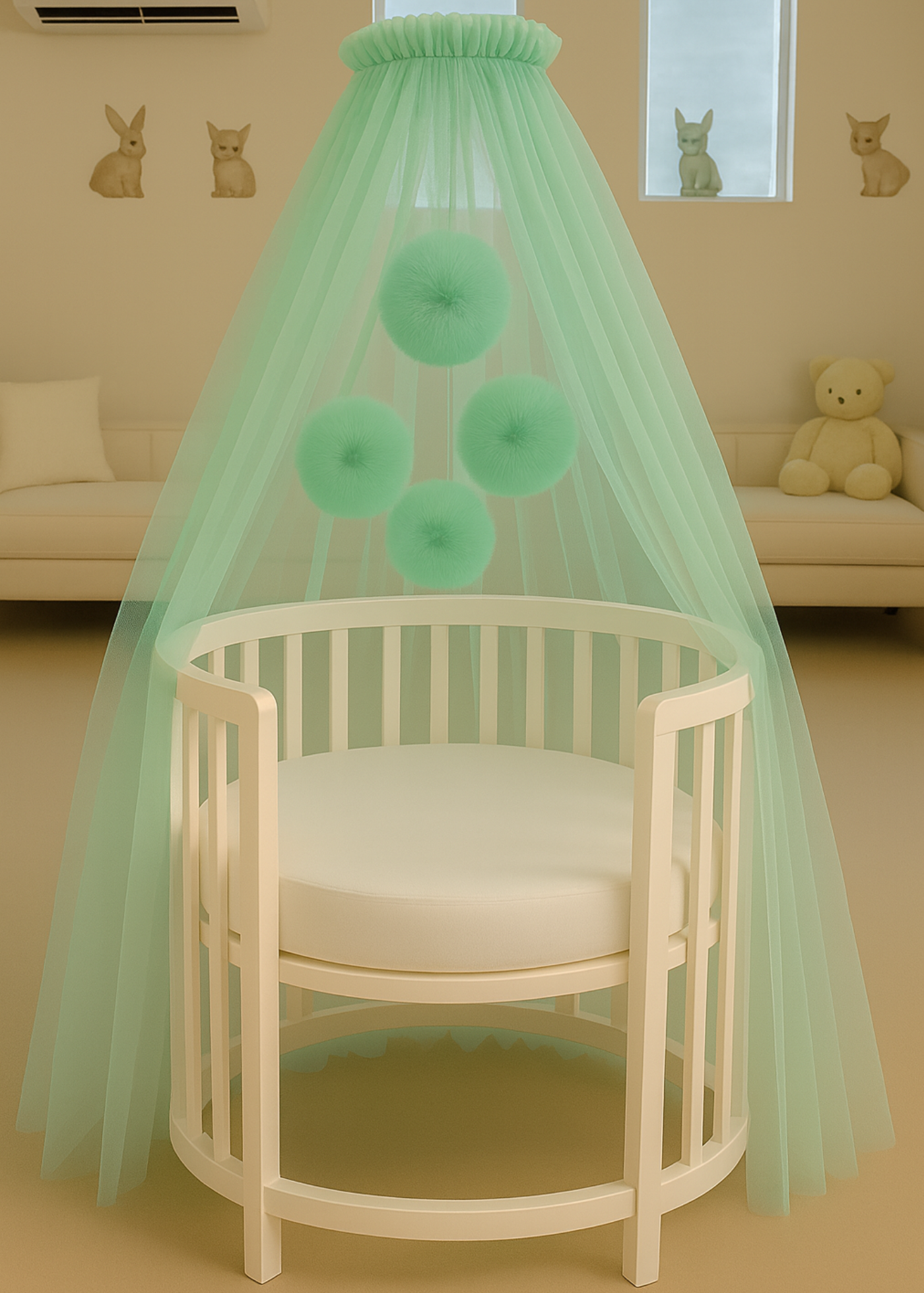 Baldachin Patut Bebe Tull Vernil Cu Pompoane cu Suport Inclus AnneBebe