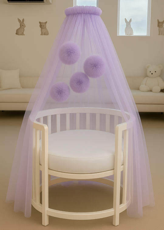 Baldachin Patut Bebe Tull Mov Deschis Cu Pompoane cu Suport Inclus AnneBebe