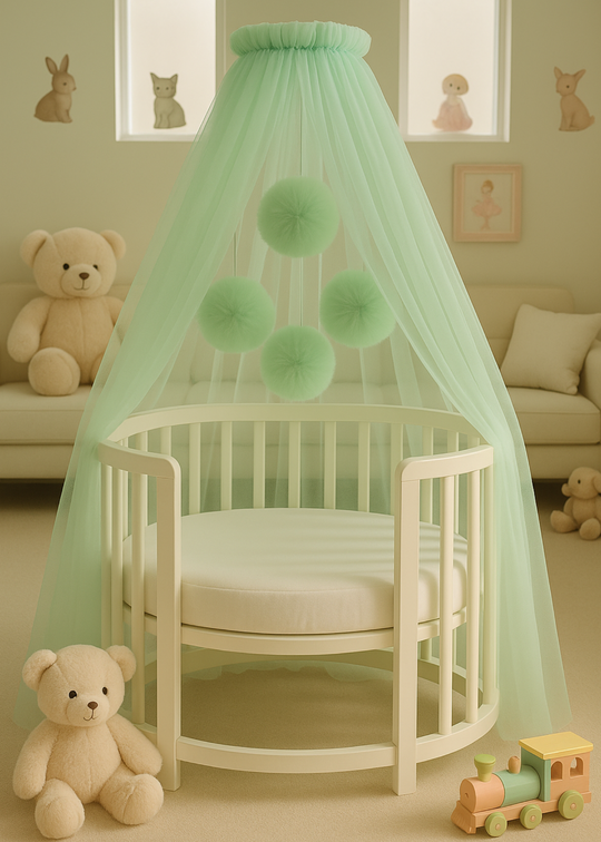 Baldachin Patut Bebe Tull Vernil Cu Pompoane cu Suport Inclus AnneBebe