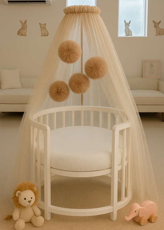 Baldachin Patut Bebe Tull Cappuccino Cu Pompoane cu Suport Inclus AnneBebe