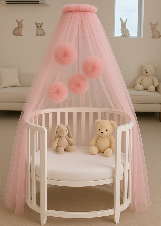 Baldachin Patut Bebe Tull Roz Cu Pompoane cu Suport Inclus AnneBebe