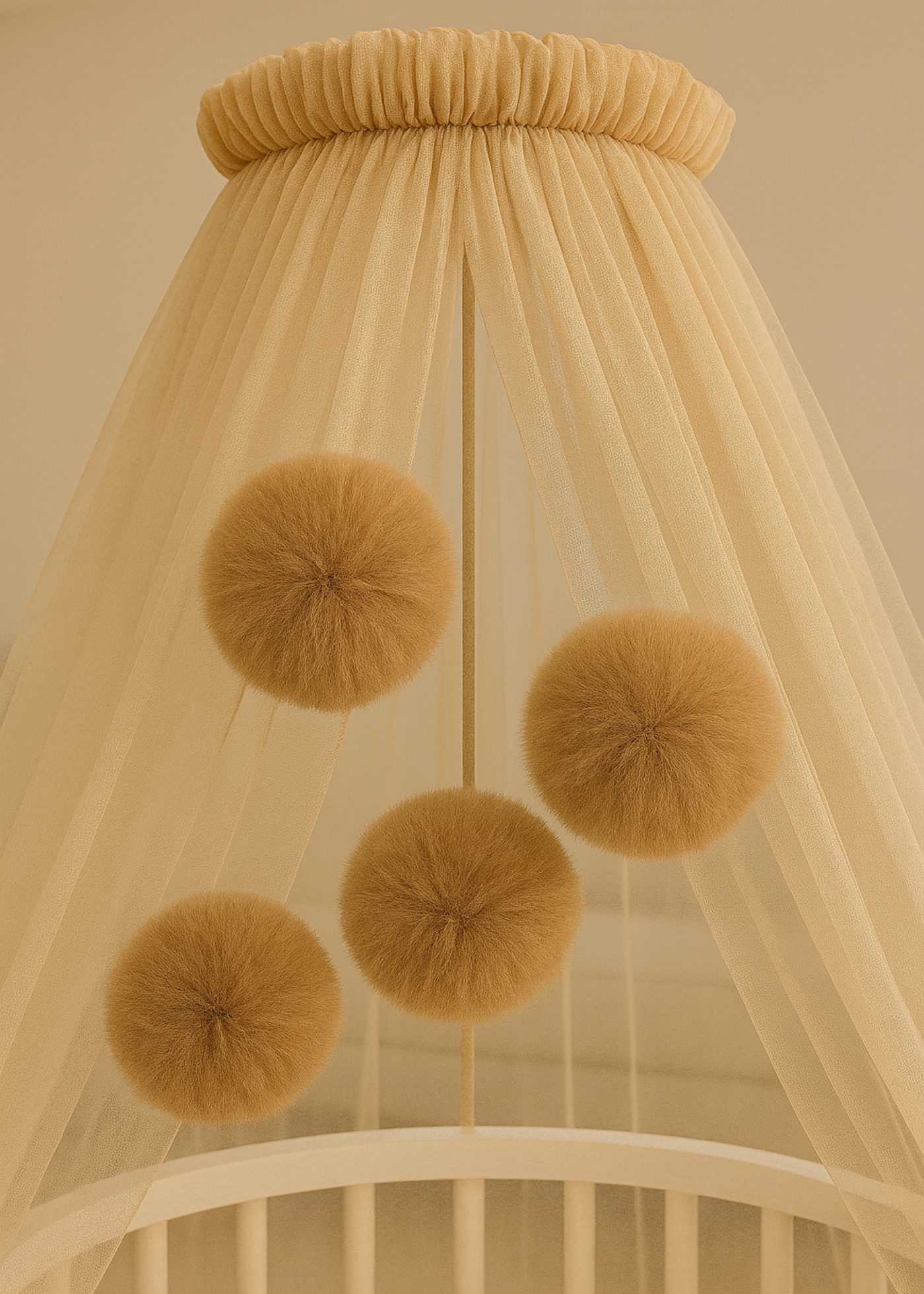 Baldachin Patut Bebe Tull Cappuccino Cu Pompoane cu Suport Inclus AnneBebe