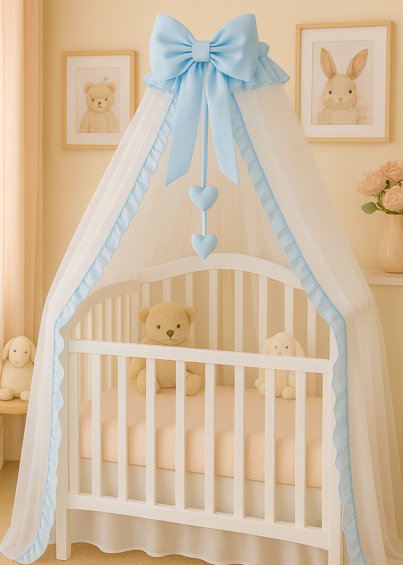 Baldachin Alb Funda Bleu &  Volanas Bleu &  Inimioare cu Suport Inclus AnneBebe