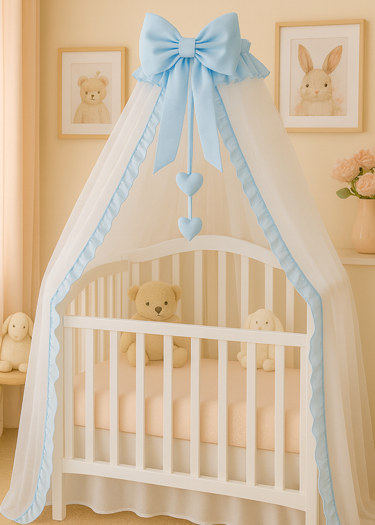 Baldachin Alb Funda Bleu &  Volanas Bleu &  Inimioare cu Suport Inclus AnneBebe