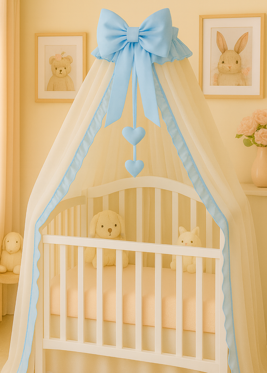 Baldachin Tull Crem Funda Bleu &  Volanas Bleu & Inimioare cu Suport Inclus AnneBebe