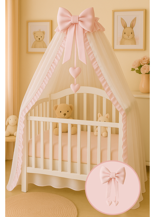 Baldachin Tull Roz Pudra Funda & Volanas & Inimioare cu Suport Inclus AnneBebe