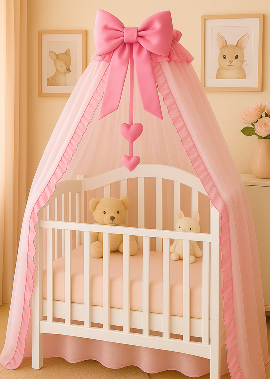 Baldachin Tull Roz Fuxia Funda & Volanas & Inimioare cu Suport Inclus AnneBebe