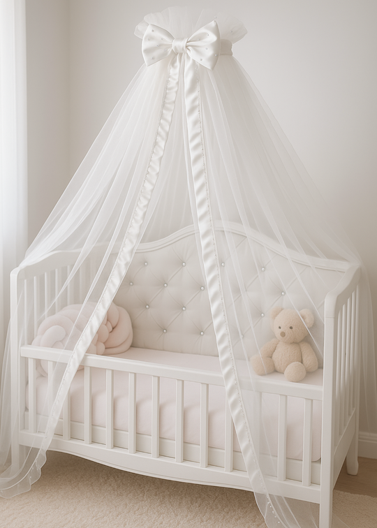 Baldachin Alb Cu Volanas & Cristale cu Suport Inclus AnneBebe