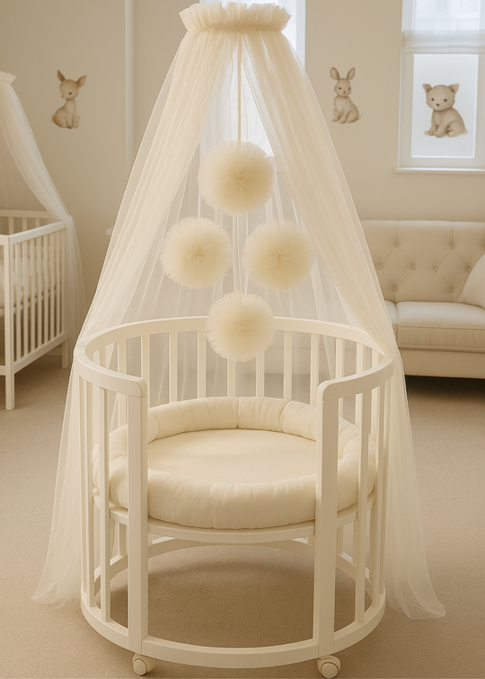 Baldachin Patut Bebe Tull Crem Cu Pompoane cu Suport Inclus AnneBebe