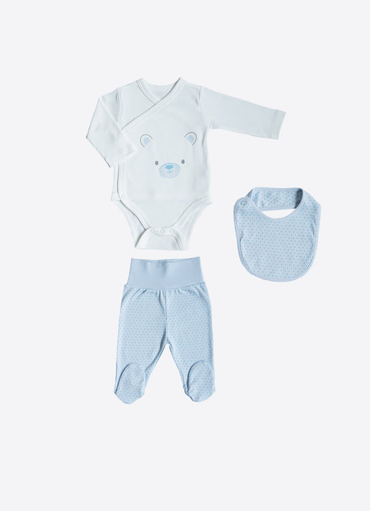 Set de 3 Piese Body, Pantaloni si Baveta din Bumbac cu Ursulet pentru Baieti S60887 – KitiKate