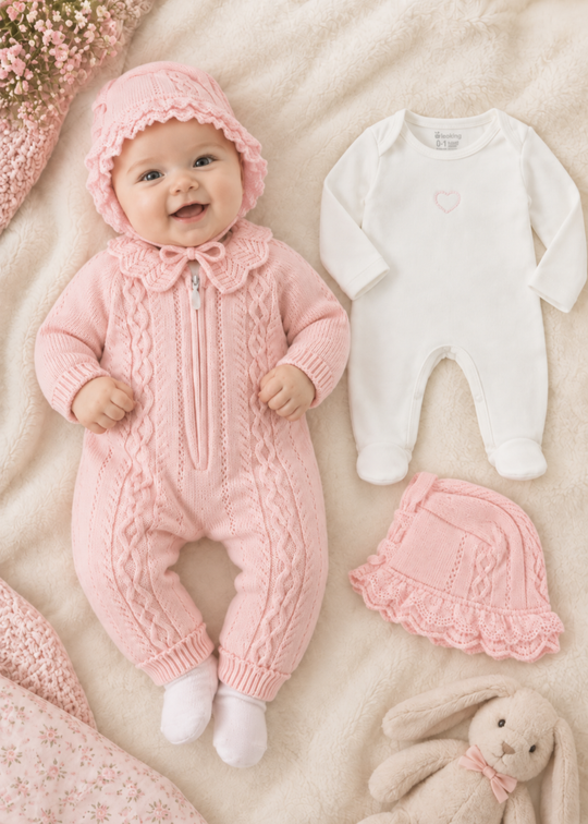 Set 3 Piese Tricotat Roz cu Lana Merinos pentru Fete 9359 – Leo King