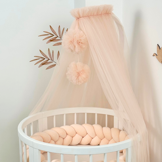 Baldachin Patut cu Suport Lemn Inclus cu Pampoane Roz Piersica Ingvart