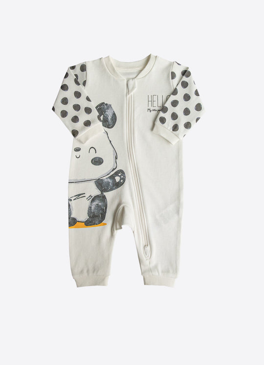 Salopeta cu Fermoar Model Panda din Bumbac Ecru pentru Baieti S14610 – KitiKate