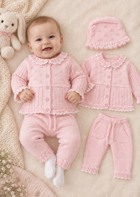 Set Tricotat Roz din Bumbac 3 Piese pentru Fetite 8506 – Leo King