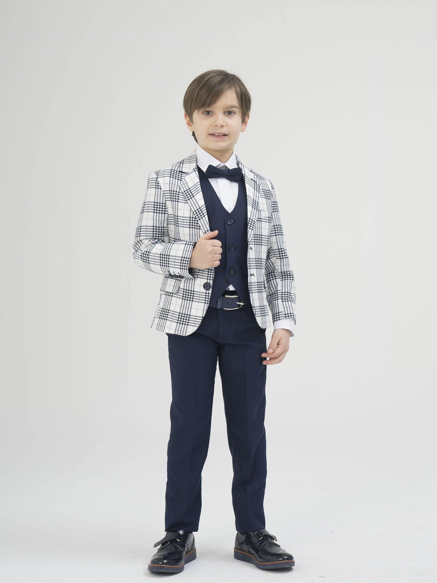 Costum 5 Piese Crem Cu Carouri Bleumarin Elegant Ceremonie Baiat LaKids Col 05 art 1765 - Camera Bebelusului