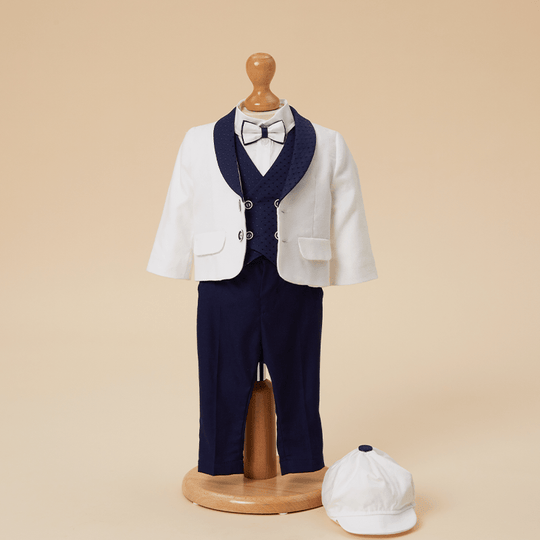 Bennie Suit Cream Shawl Collar Navy Blue Plaid Vest Elegant Boys AnneBebe