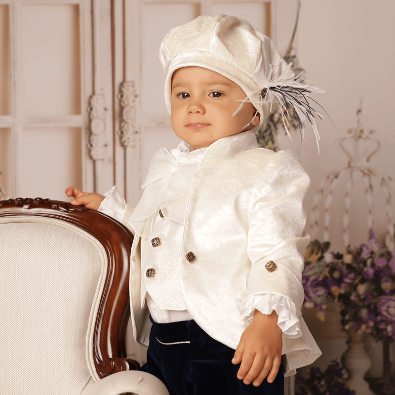 AnneBebe - Costum Elegant Baieti Micul Print Catifea Cappucino Cu Fir Auriu