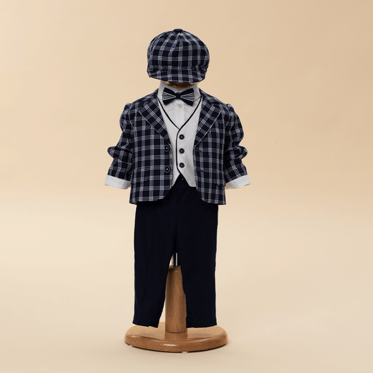 AnneBebe Boy's Darius Plaid Suit Navy Blue With Elegant White 