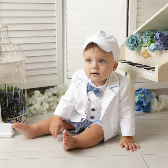 Elegant Iosif Suit White Jacket Short Pants With Blue Stripes Boys AnneBebe 