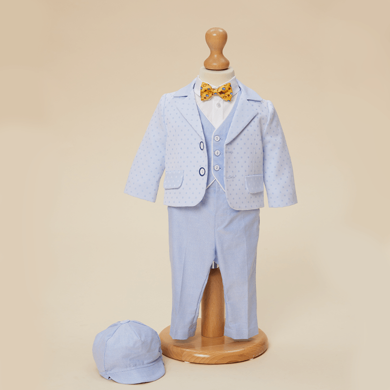 Costum Teodor Bleu Cu Buline Mici Elegant Baieti AnneBebe - Camera Bebelusului