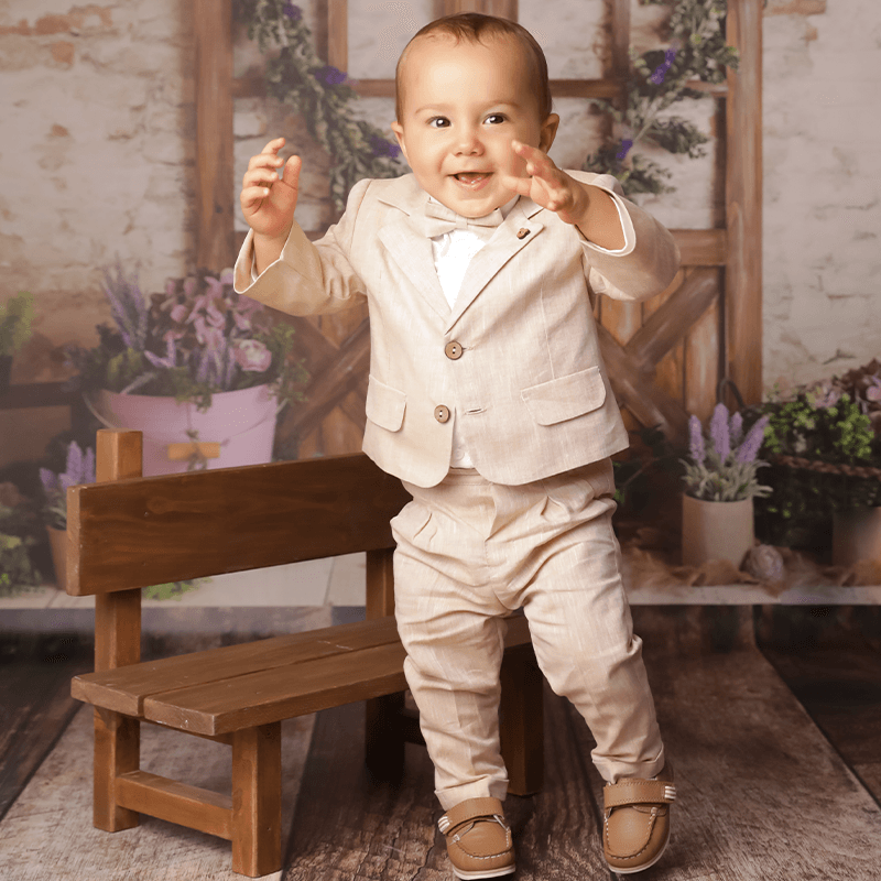 Costumas Elegant Baieti Anghel Din In & Bumbac Sacou Si Pantalon Bej AnneBebe