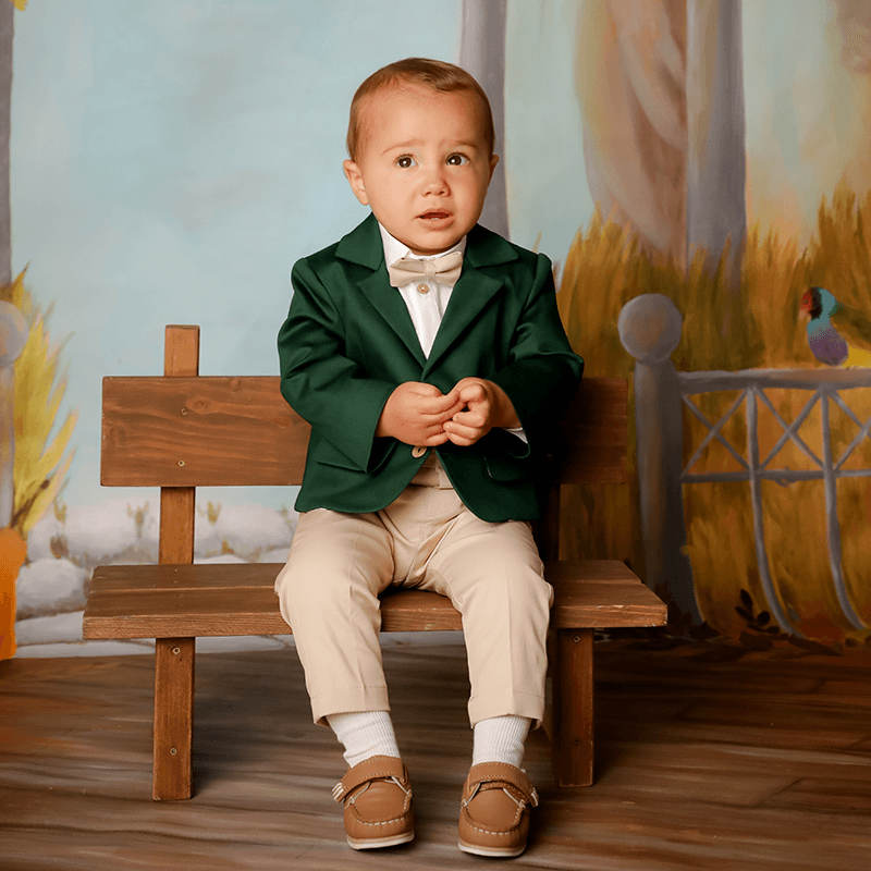 Costumas Elegant Baieti Sacou Verde Pantalon Bej AnneBebe - Camera Bebelusului