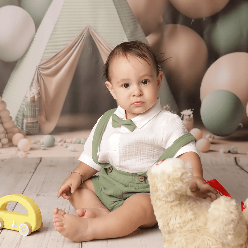 Costumas Casual Bebe Baietei din Muselina Camasa Crem Pantalon Verde AnneBebe - Camera Bebelusului