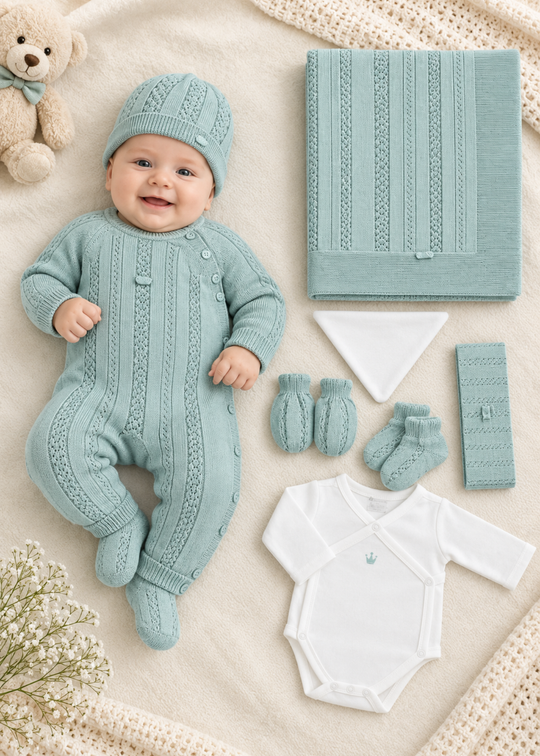 Set Nou-Nascut Tricotat Verde 8 Piese pentru Baieti 3164 – Leo King