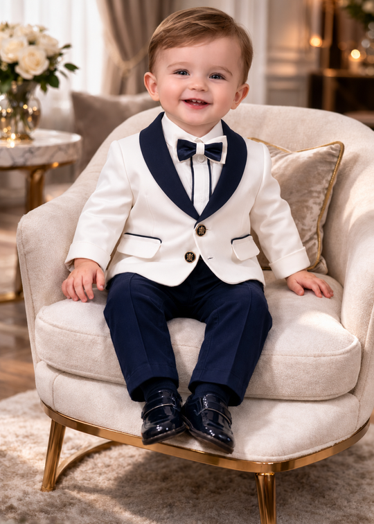 Domenico Cream Blazer with Navy Satin Shawl Collar AnneBebe
