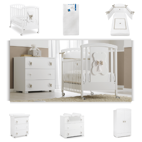 Pachet mobila 6 piese Dudu Patut + Saltea + Set Protectie + Comoda +Cabinet +Dulap