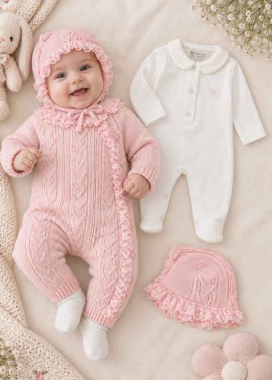 Set 3 Piese Tricotat Roz cu Lana Merinos pentru Fetite 9357 – Leo King